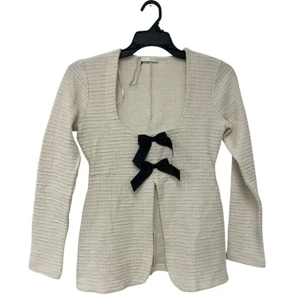 Zara Womens Sweater Bows M Medium Ivory Textured Long Sleeve 5039/153 NWOT - Picture 2 of 10